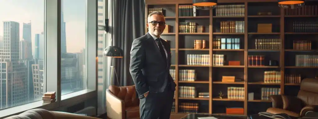 a distinguished lawyer stands confidently in a modern, sleek office adorned with legal books and a large city skyline visible through the floor-to-ceiling windows, conveying an atmosphere of authority and professionalism.