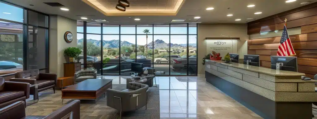 a polished office reception area features sleek glass walls and modern furnishings, prominently displaying a prominent sign for arizona's top criminal defense and dui law firm, conveying professionalism and trustworthiness.