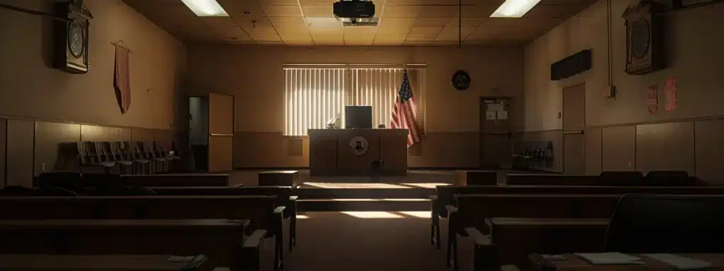 a somber urban courtroom setting features a solitary chair facing the judge's bench, illuminated by harsh overhead lights, symbolizing the weight and seriousness of domestic violence charges in arizona.